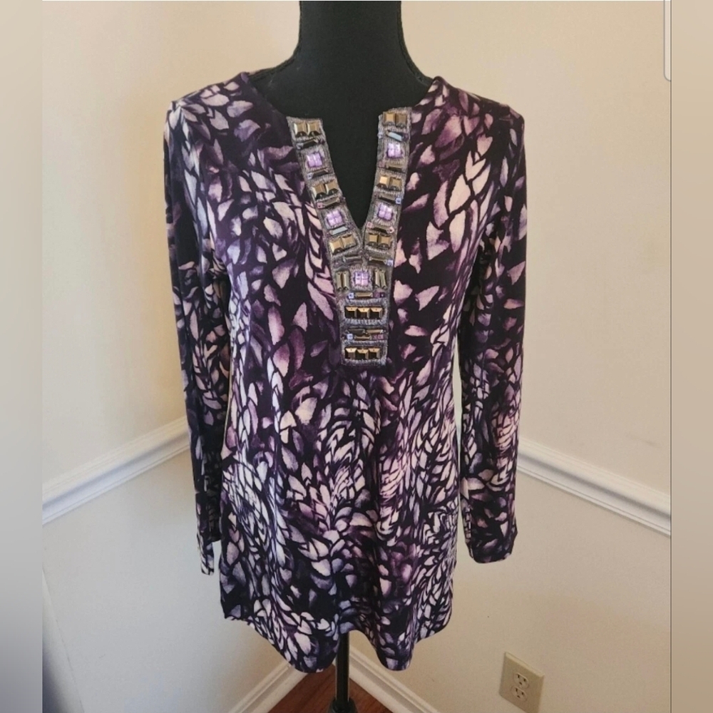 Chico's Top Women's Blouse Size 0 Purple Rhinestone Neck Stretchy